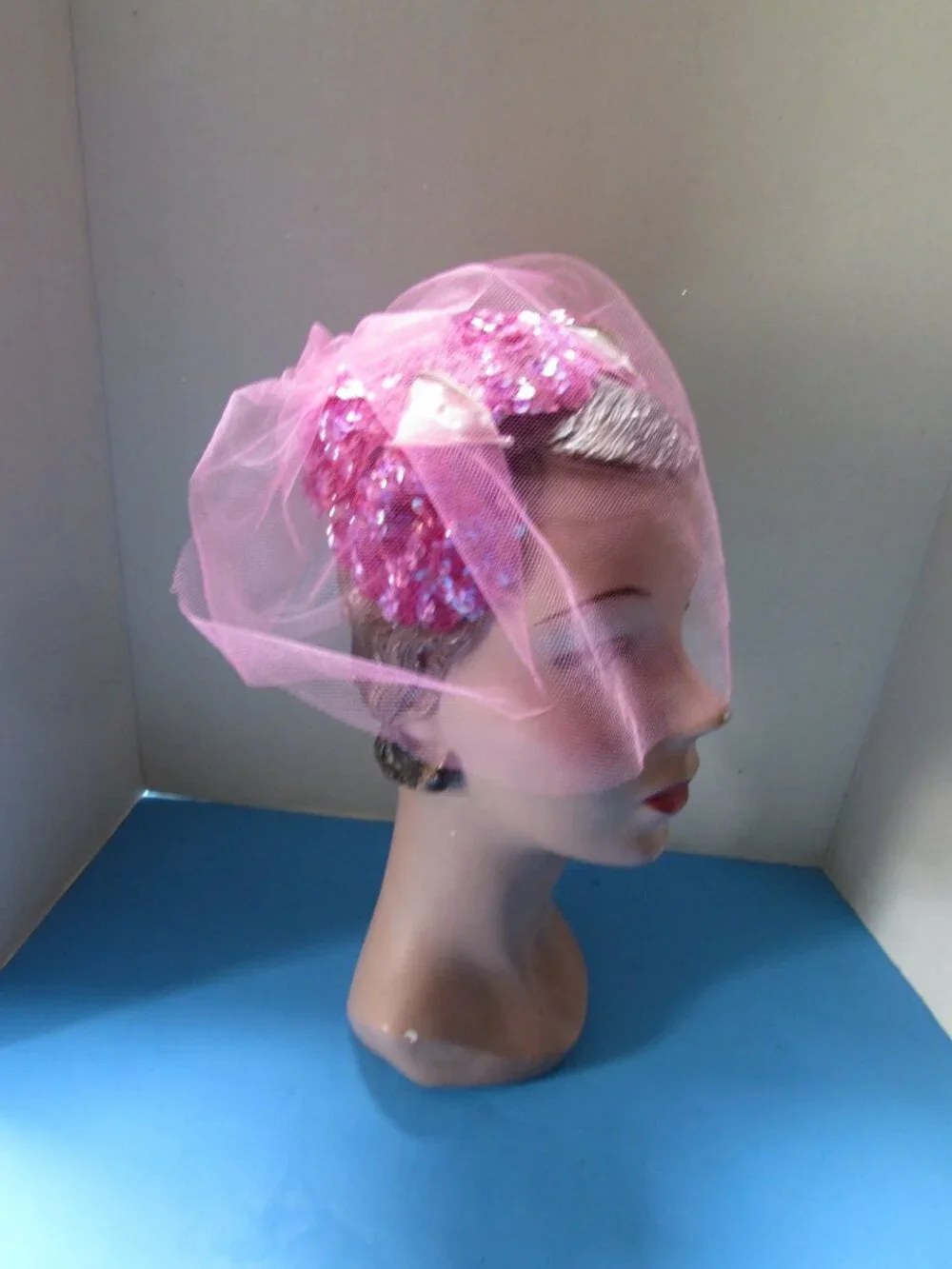 Vintage Half Hat Fuchsia Sequins Pink Veil